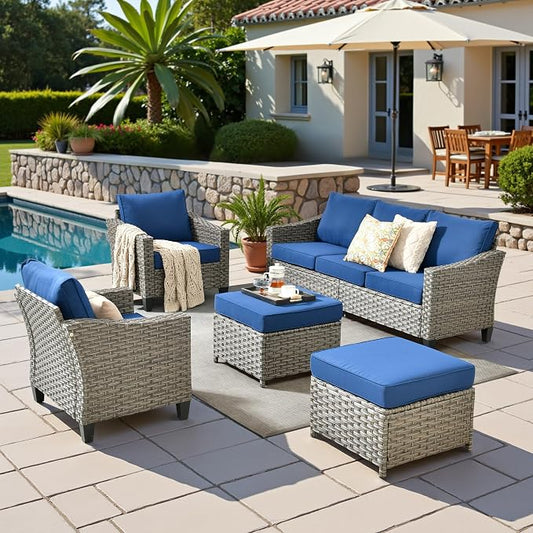 CAODOC 5 Pcs Patio Conversation Set for 7 Seats, Rattan Wicker Outdoor Patio Furniture Set, 2 x Single Chair, 2 x Ottoman, 3-Seat Sofa for Lawn Garden Backyard(Blue)