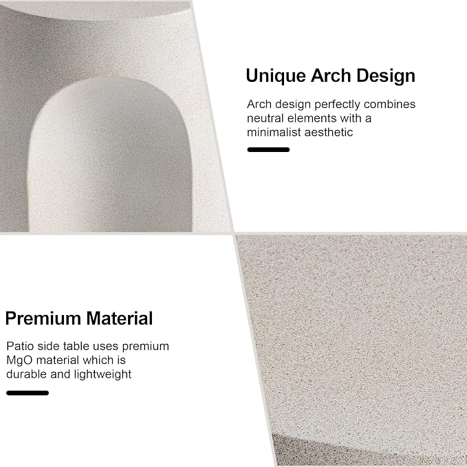 HOMPUS Outdoor Side Table w Arch Shape, Unique Patio End Table, Round MgO Coffee Lightweight Concrete Accent, Modern Vintage Garden Plant Stand for Indoor Outdoor Use, White