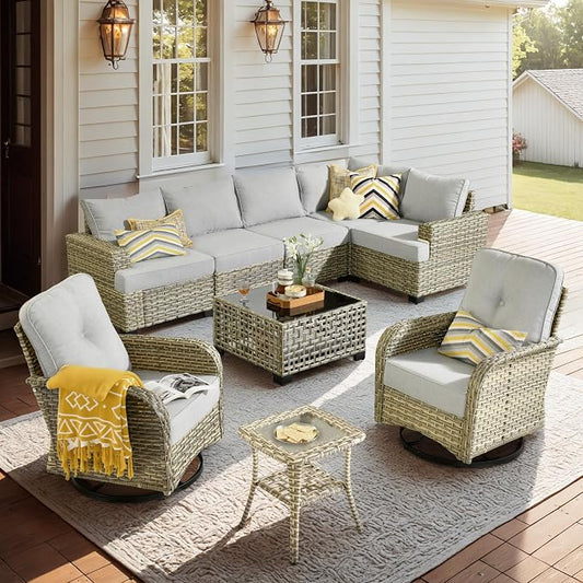 CAODOC 9 Piece Patio Furniture All Weather 7-Seater Outdoor Sectional Sofa with Patio Swivel Chairs and Solar Powered Coffee Table for Porch,Garden,Backyard,Deck(Grey)