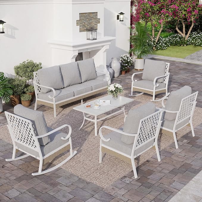 SUNSHINE VALLEY 6 PCS Metal Outdoor Patio Furniture Set, Patio Conversation Set 1 3-Seater Couch, 2 Fixed Sofa, 2 Rocking Sofa with 5.75" Thick Cushion and Coffee Table White Backyard Furniture, Gray