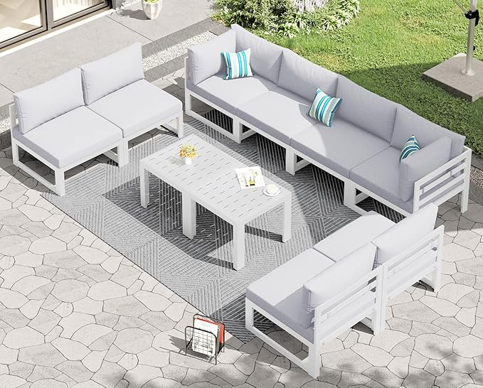 RADIATA 8 Person Modern Aluminum Outdoor Patio Furniture Set, 29 inch Wide Deep Seating, All-Weather Anti-Rust L Shaped Modular Sectional Couch, Large Comfy Conversation Set for Backyard Lawn, White