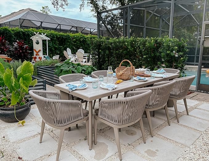 PURPLE LEAF 9 Pieces Outdoor Dining Set Aluminum Rattan Wicker Patio Furniture for Lawn Backyard Deck Champagne