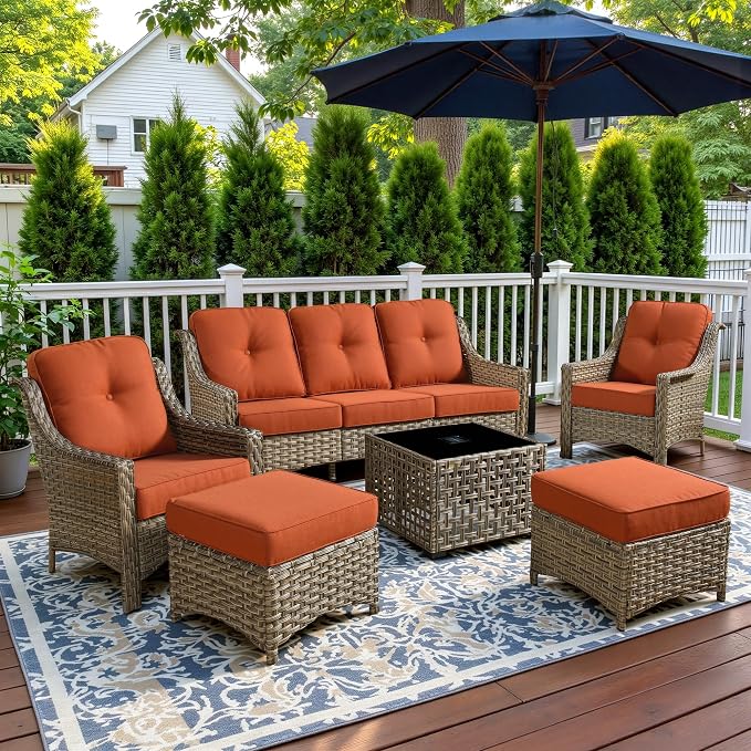 6 Piece Patio Furniture Set with Solar Lights Coffee Table, Outdoor Wicker High Back Sofa Chairs Ottomans with Cushions, All Weather Conversation Set for Backyard Porch Deck, Bold Orange