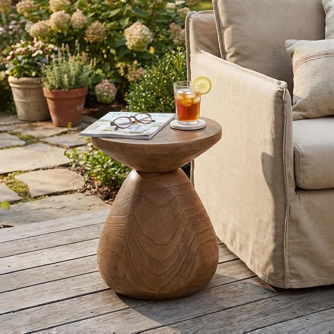 Merax Small Outdoor Patio Side Table with Wood Grain Finish, MGO Accent End Table for Indoor Outdoor, 18" Height Small Round Side Coffee Table with Waterdrop-Shaped Base, No Need Assembly, Wood