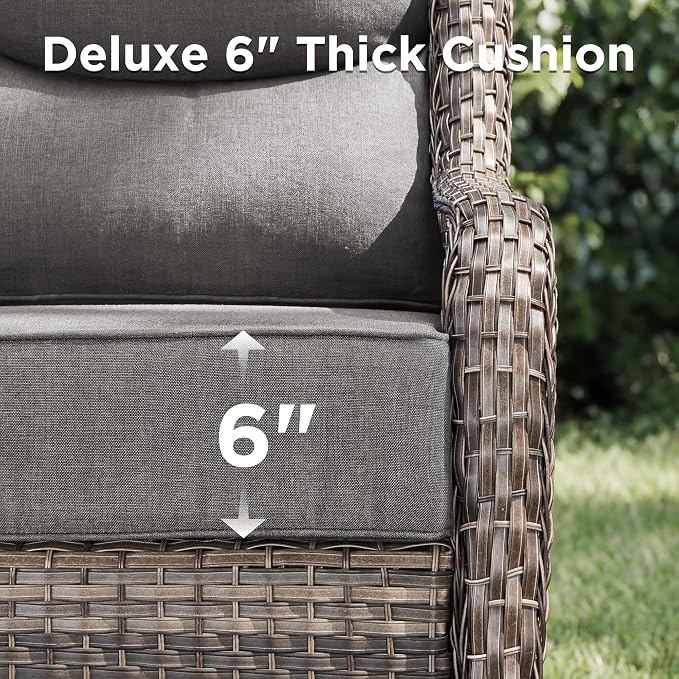 Luxury 7 Pieces Outdoor Patio Furniture Set-All Weather Wicker Outdoor Furniture with Swivel Rocker Patio Chairs 6-inch Extra Thick Cushions Wicker Conversation Set for Garden Porch(Grey/Grey)