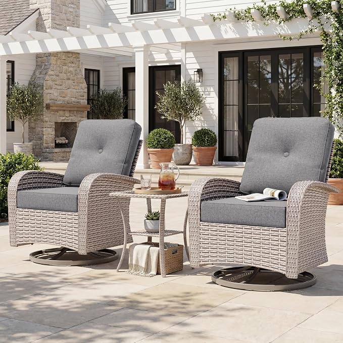Patio Wicker Chairs Swivel Rocker, Outdoor Swivel Glider Rocker Chairs with Rattan Side Table, All Weather Conversation Set for Porch Poolside Balcony,Gray