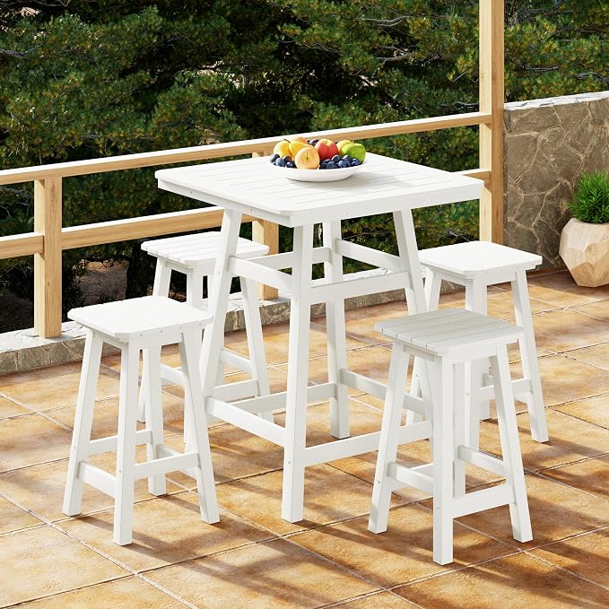 Costaelm Outdoor Bar Table, 37" Counter Height Square Patio Cocktail Bar Table with Umbrella Hole, Patio Bistro Dining Pub Table for Front Porch Deck Backyard Garden, White