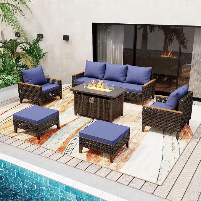 8Piece Patio Furniture Set with 50000 BTU Propane Fire Pit Table, All-Weather Wicker Rattan Outdoor Sectional Sofa Set with High Back and Thick Cushions for Garden, Porch, Poolside, Blue