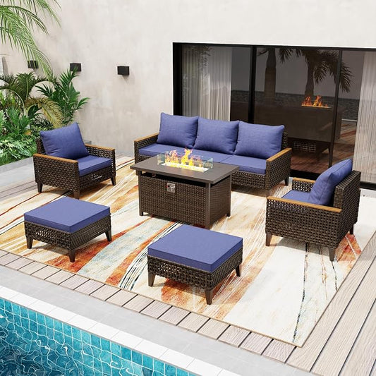 8Piece Patio Furniture Set with 50000 BTU Propane Fire Pit Table, All-Weather Wicker Rattan Outdoor Sectional Sofa Set with High Back and Thick Cushions for Garden, Porch, Poolside, Blue