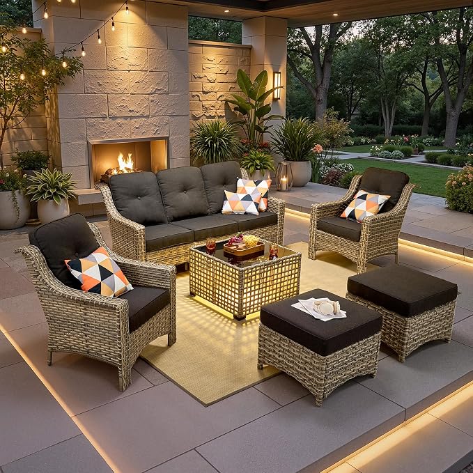6 PCS Patio Furniture Set, Deep Seat High Back Outdoor Conversation Set with Ottomans, Wicker Outside Furniture with Solar Light Coffee Table for Porch Backyard Balcony, Sunroom, Black