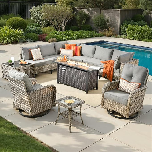 11 Pieces Patio Sectional Furniture Set, Outdoor Wicker Sectional Couch with Firepit Swivel Rocker Chairs Solar Lights Table, Modern Conversation Set for Porch Balcony Backyard, Dark Gray