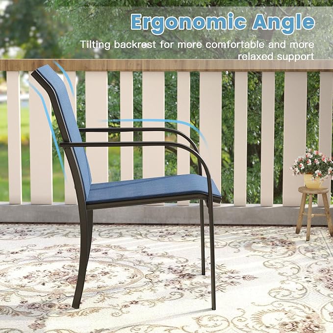 DIFY Patio Dining Set for 6, 7 Piece Outdoor Table and Chairs Set, 50" Black Round Metal Patio Dining Table and 6 Blue Textilene Stackable Patio Chairs, for Backyard Garden Poolside