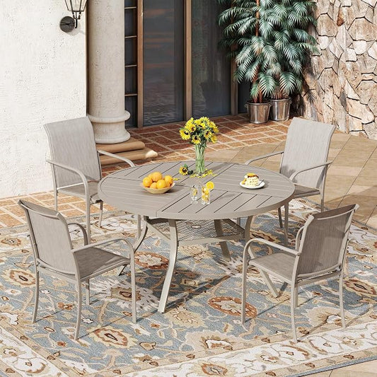VICLLAX 5 Pieces Patio Outdoor Dining Set, 40.6" Round Metal Table with Umbrella Hole and Storage Shelf, 4 Stackable Textilene Chairs for Patio, Lawn, Garden, Porch, Sandshell