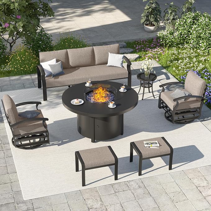 ALAULM Aluminum Patio Furniture Set with Coffee Table Rectangular, 5-seat Outdoor Sectional Furniture w/2 Swivel Chairs, Patio Conversation Set for Porch, Backyard, Sand