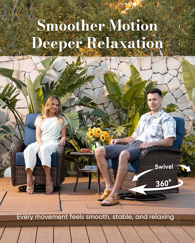 Belord Upgraded 6“ Cushion Luxury 10 Piece Patio Furniture Set - All Weather Wicker Outdoor Furniture with Swivel Rocker Patio Chairs, High Back Conversation Set for Deck Porch Yard - Brown/Blue