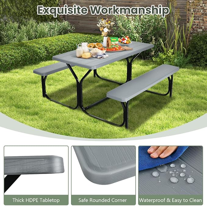 Picnic Table, Camping Portable Picnic Table Bench Set for 4 Persons, Heavy-Duty Steel Frame & Resin Tabletop, All Weather Outdoor Picnic Tables for Patio Travel BBQ Party Garden (Grey)