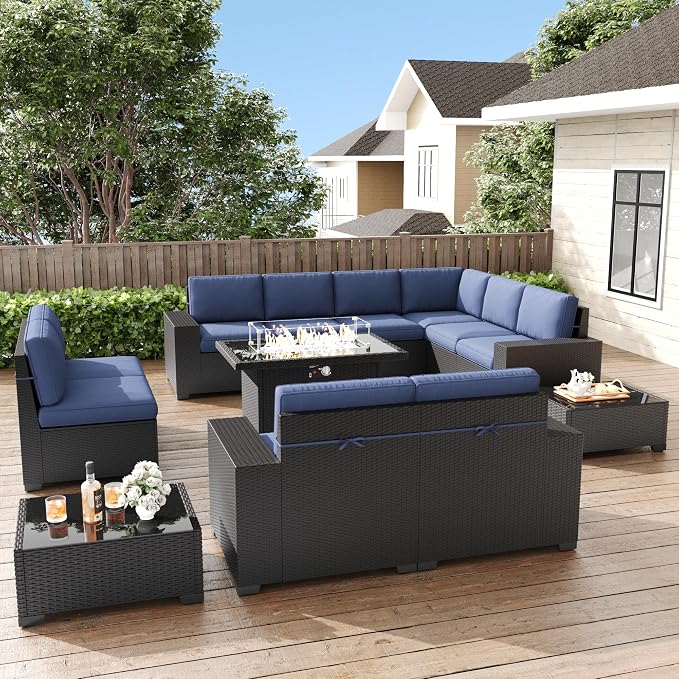 LayinSun 13 Pieces Patio Furniture Set with Fire Pit Table, Black Rattan Modular Sectional Patio Conversation Sofa Set