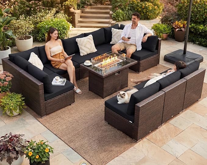 NICESOUL 11 Piece Outdoor Furniture Set with Firepit, High Weight Capacity 10-Seater Patio Sectional, 29.3'' High-Back Backyard Seating, All-Weather Rattan Couch Sets for Outside, Deck, Brown & Black