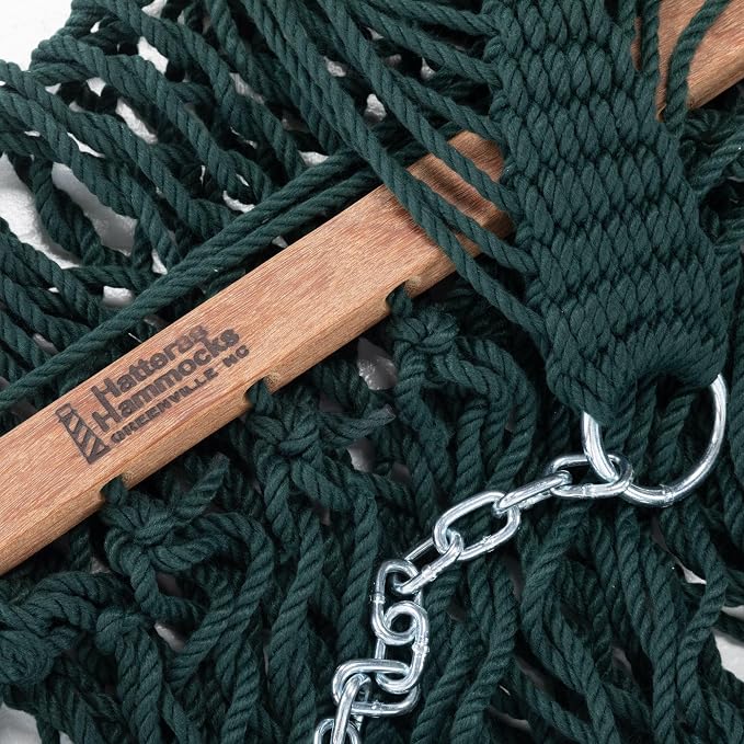 Hatteras Hammocks Small Green DuraCord Rope Hammock – 11 ft. x 45 in., 450 lb Capacity, Cumaru Spreader Bar, Zinc-Plated Hardware, Handcrafted in The USA