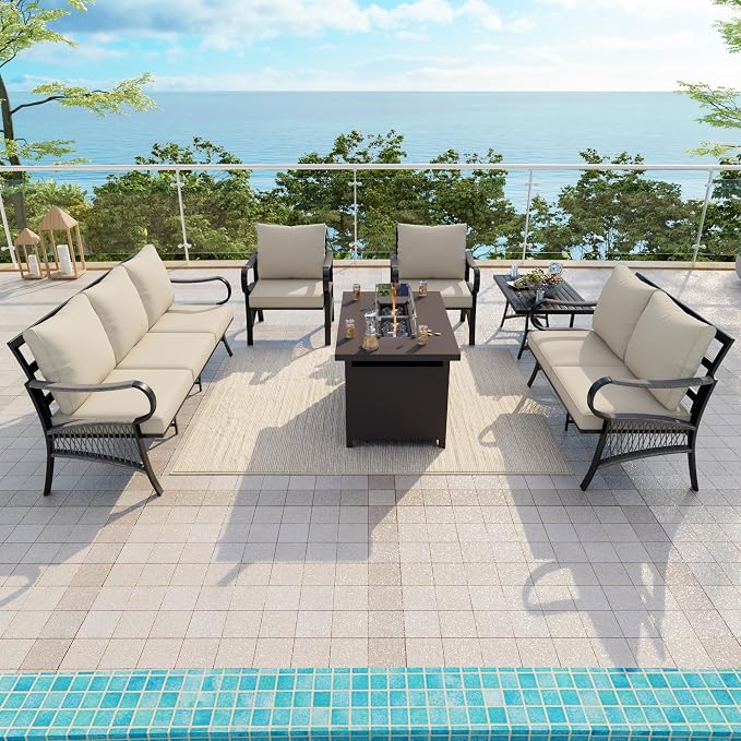 6-Piece Outdoor Furniture Set, Patio Conversation Set Include 3-Seater Sofa Single Chairs Loveseat Couch with Coffee Table and Fire Pit Table for Deck, Porch (Beige Cushions)