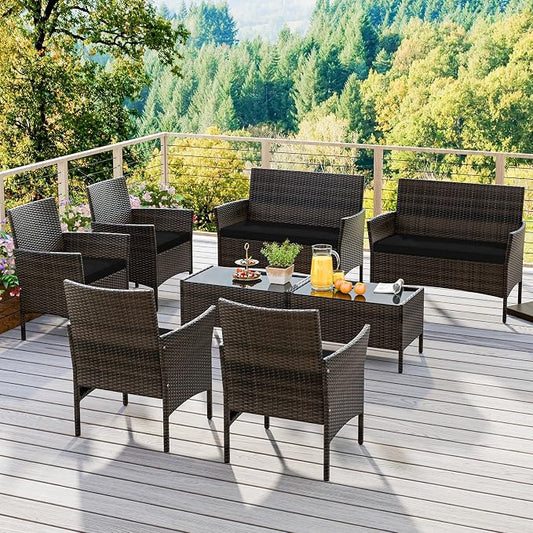 KOTEK 8 Piece Patio Furniture Set, Outdoor Rattan Conversation Set with Loveseat, Wicker Chairs, Tempered Glass Coffee Table, Wicker Patio Set for Backyard, Porch (Black)