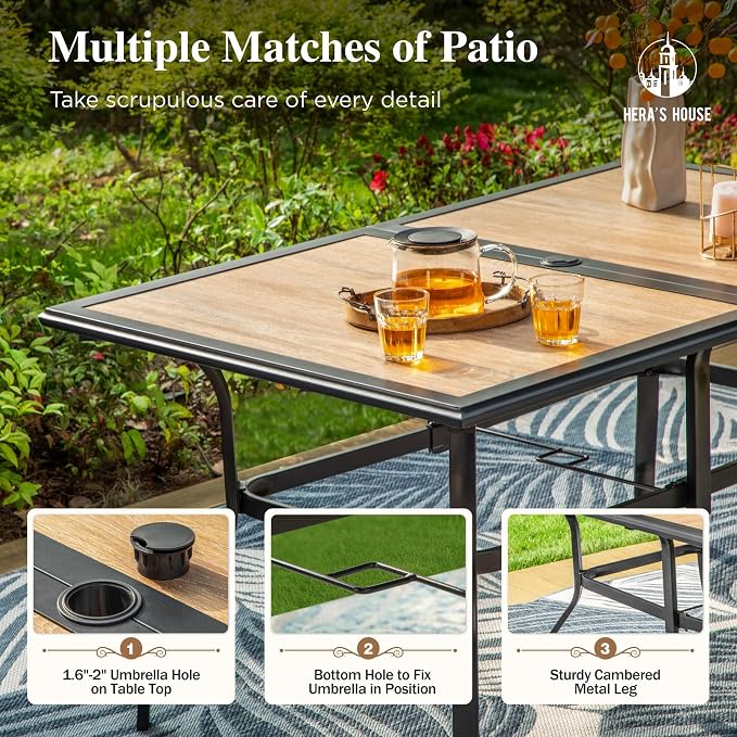HERA'S HOUSE 7pc Patio Dining Set, Metal Table with PVC Top, Brown Chairs | 60" rectangular table with umbrella hole, 6 textilene chairs. Waterproof, rust-resistant, all-weather for yard, porch