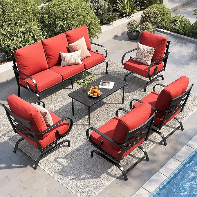 PHI VILLA Patio Furniture Set, 3-Seater Sofa, 4 Rocking Chairs and a Coffee Table, Outdoor Metal Conversation Set with 5.75" Extra Thick Cushion for Garden Backyard Deck, Red