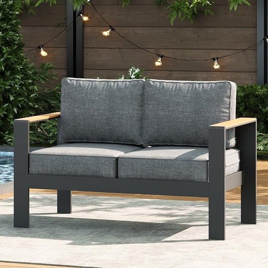 LayinSun Aluminum Outdoor Furniture Set 2 Seat Loveseat, Outside Patio Deep Seating Conversation Set with Upgraded Washable Thick Cushion