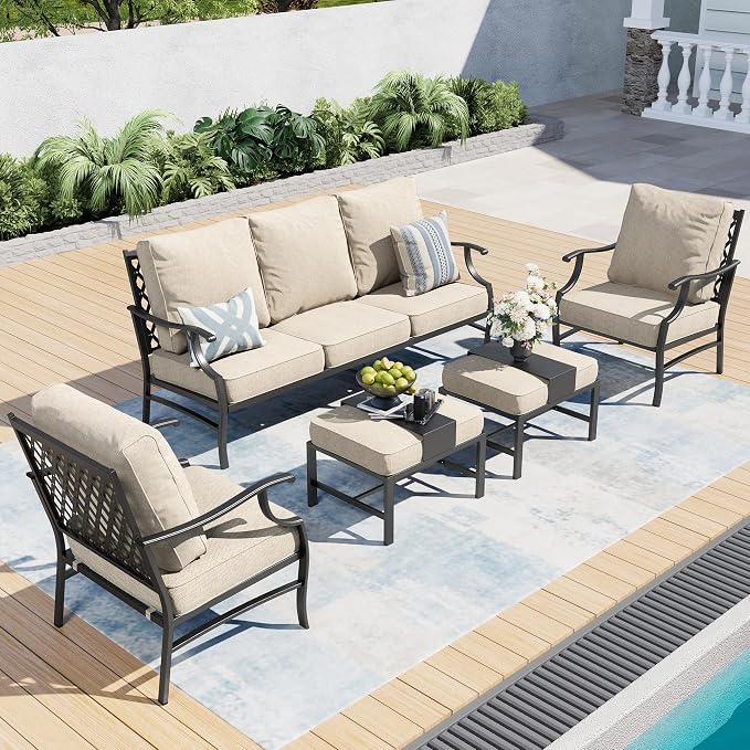 SUNSHINE VALLEY Patio Furniture Set, Modern Metal Outdoor Patio Furniture, 3 Seater Sofa, 2 Fixed Chairs, 2 Ottomans and 5.75" Extra Thick Cushion, Patio Conversation Set for Garden Backyard Deck