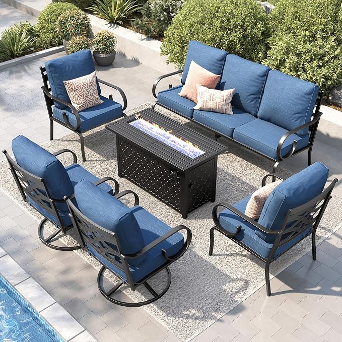 PHI VILLA Patio Furniture Set, 3-Seater Sofa, 2 Fixed Chairs, 2 Swivel Chairs and a 45" Fire Pit Table, Outdoor Metal Conversation Set with 5.75" Extra Thick Cushion for Garden Backyard Deck, Navy