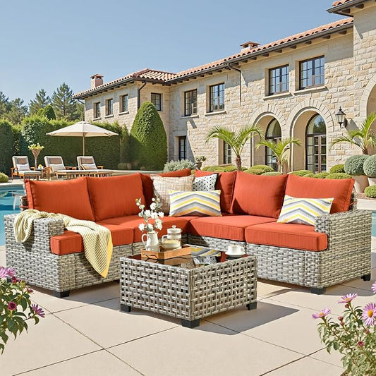 CAODOC 6 Pieces Outdoor Sectional Patio Furniture Set,Wicker Conversation Sets L Shaped Couch,Outdoor Sofa Outside Furniture with Solar Table Light(Red)