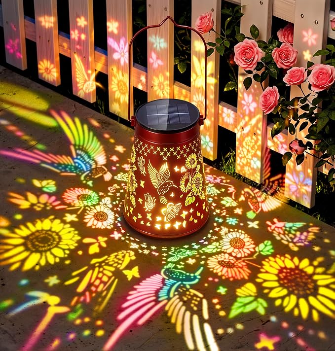 Hummingbird Solar Lanterns Waterproof Outdoor Solar Lights | Sunflower & Butterfly Patterns, Metal Hanging Lights for Patio & Yard, Garden Decor Gifts for Women, Mom & Grandma, 1 Pack