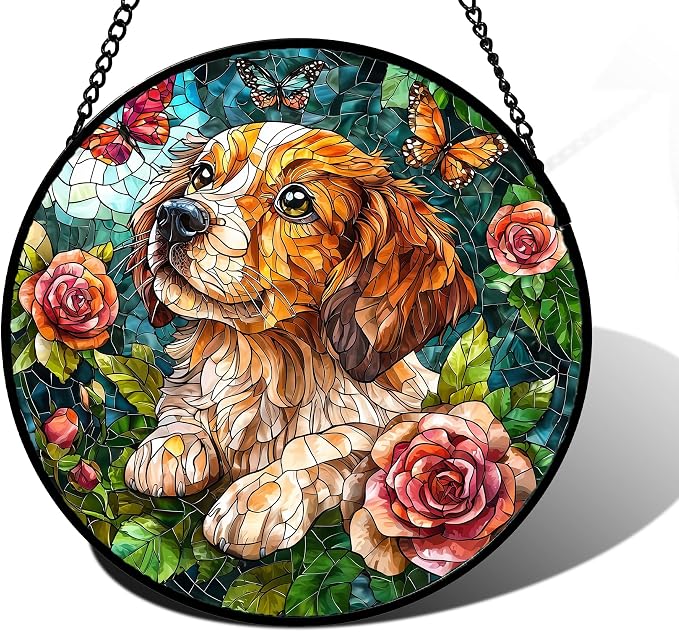 DASTOLL Stained Glass Window Hanging, Dog and Rose Suncatcher for Doors Home Butterfly Sun Catchers Decoration and Christmas, Mother's Day Birthday Gifts for Women, Men, and Mom 7.8 in