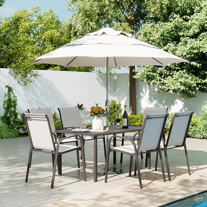 HAPPATIO Outdoor Patio Dining Set, 6 Quick Dry Textilene Dining Chairs and Dining Table with Umbrella Hole, Stackable Textilene Chairs for Garden, Patio and Poolside Backyard, Grey