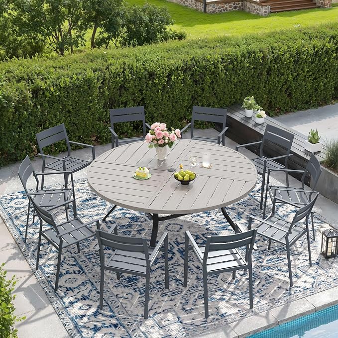 DIFY 11 Piece Outdoor Patio Dining Set for 10, 59.8" Round Dining Table with Umbrella Hole and Stackable Metal Chairs, Patio Table and Chairs Set for Backyard Garden Poolside, Grey Wood-Like & Grey