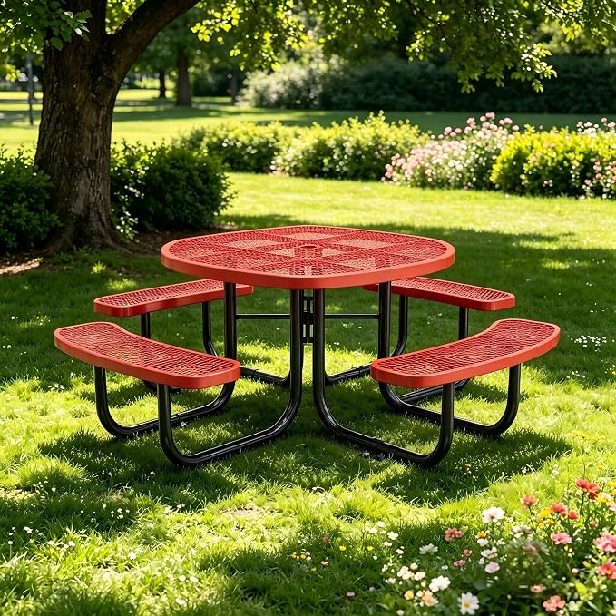 KEIKI 78.7" Heavy-Duty Metal Picnic Table w/2.05" Umbrella Hole, Round Commercial Outdoor Steel Table for 4–8 People, 2.5mm Mesh Top, Rust-Resistant Coating, Patio Backyard Park Dining Furniture, Red