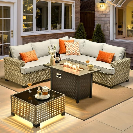 HOOOWOOO Sectional Patio Furniture Set with Fire Pit Table,7 Pieces Wicker Outdoor Furniture L Shaped Couch,Outside Conversation Set with Extra Deep Seat Sofa Wide Arm Solar Light Table,Light Gray