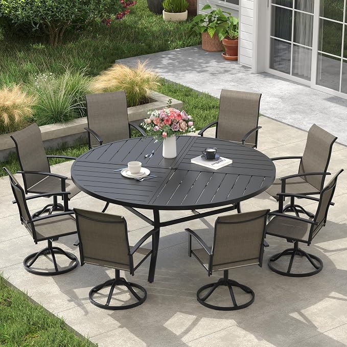 VICLLAX Outdoor Table and Chairs Set for 8, Patio Dining Set of 60 Metal Round Patio Table with Umbrella Hole & 9 Swivel Outdoor Dining Chairs for Backyard Lawn, Mixed Brown & Black