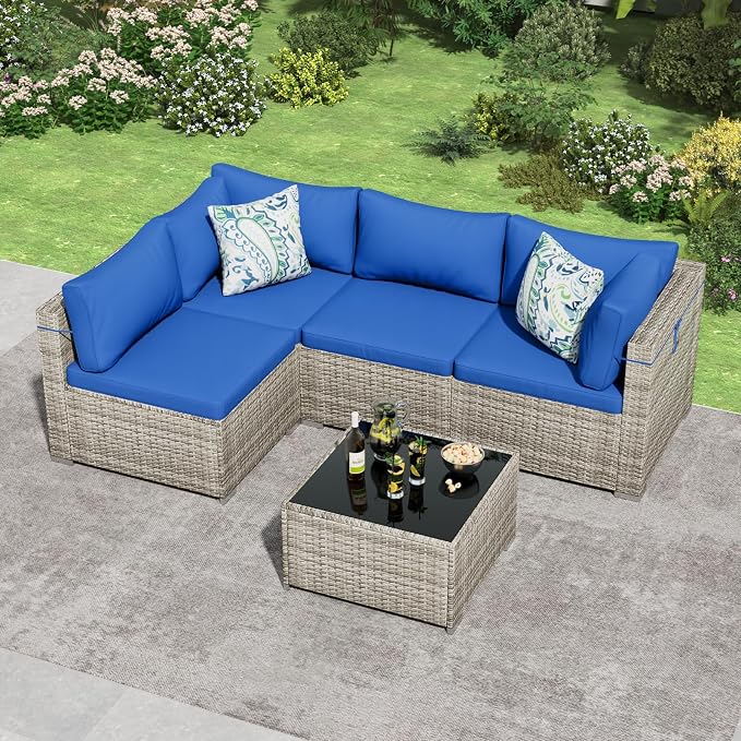 Tradare 5 Piece Patio Furniture Set, Outdoor Wicker Patio Sofa Set, PE Rattan Sectional Couch with Glass Table and Blue Cushions, All-Weather 5 Piece Outdoor Patio Furniture Sets, Grey