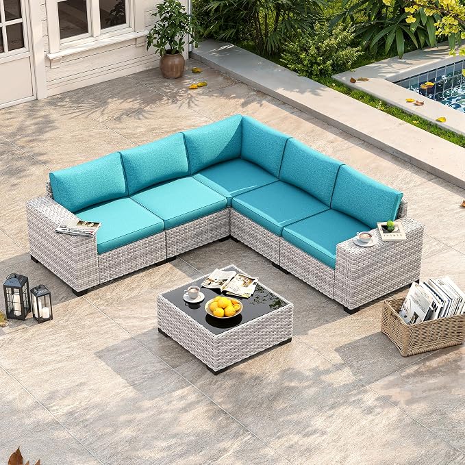 6 Piece Outdoor Wicker Sectional Sofa Set, 5-Seats Patio Furniture Conversation Set with 4" Thickened Cushions & Coffee Table, All-Weather PE Rattan for Garden, Backyard, Porch, Turquoise