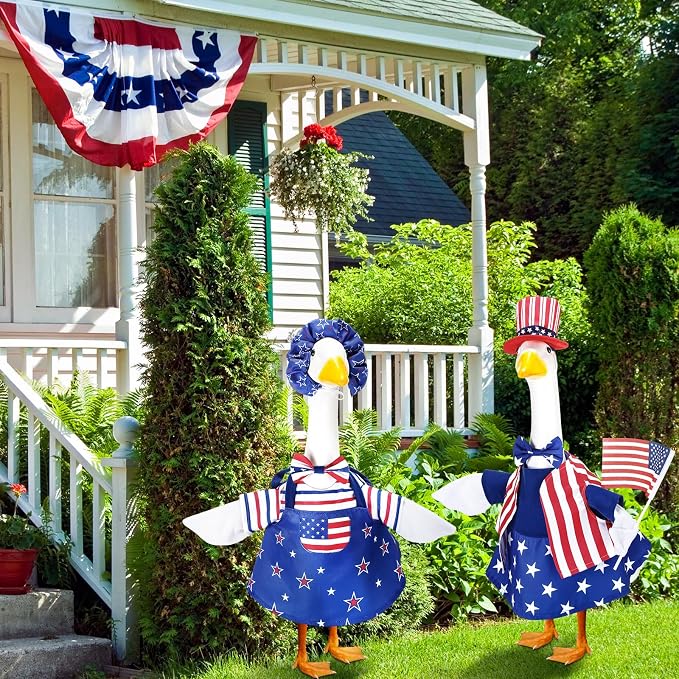 Abbylike 2 Set American 4th of July Porch Goose Outfits 250th Anniversary Goose Costume Clothes Fits Large 23'' Statues Cement for Independence Memorial Day Patriotic Lawn Yard Garden Decor