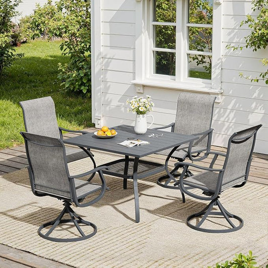 VICLLAX 5 Pieces Patio Dining Set, Patio Furniture Set of 4 Patio Swivel Dining Chairs and Square Patio Table with Storage Shelf, Grey Chairs & Dark Grey Tabletop
