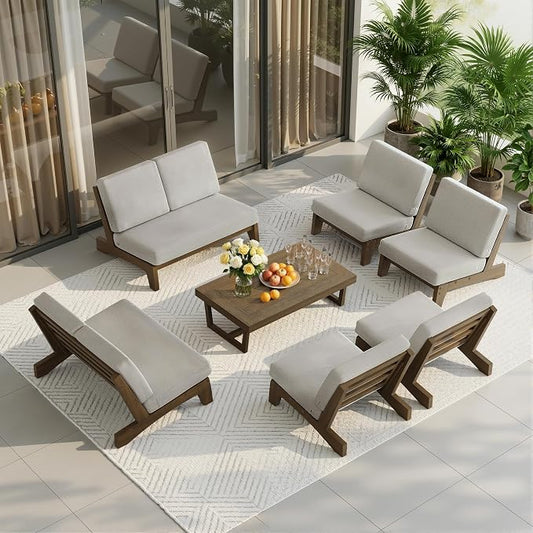 7 Pieces All Weather Wood Patio Furniture Sets, 2 Patio Loveseat, 4 Patio Bistro Chair, Outdoor Sectional Sofa Furniture Backyard Conversation Set with Coffee Table - Light Camel