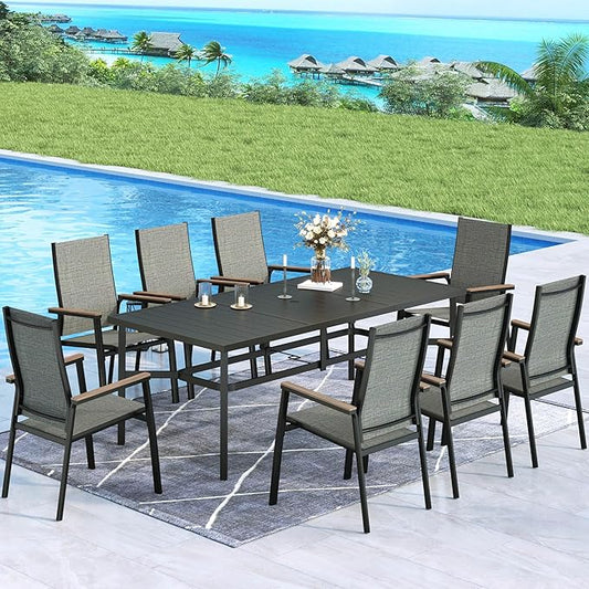 MFSTUDIO 9 PCS Patio Dining Set, Rectangular Metal Table & Aluminum Chairs | Stackbale chairs, Light-weight & space-saving, Rectangular Table, Umbrella Hole, Patio deck, 8 person