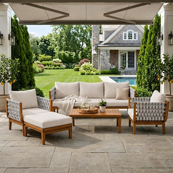 Christopher Knight Home Gwen 4 Piece Acacia Wood Patio Conversation Set with Sofa, Coffee Table, Ottoman and Club Chair, Patio Sofa Set with Cushions, Outdoor Patio Furniture Set for 5, Teak+Beige