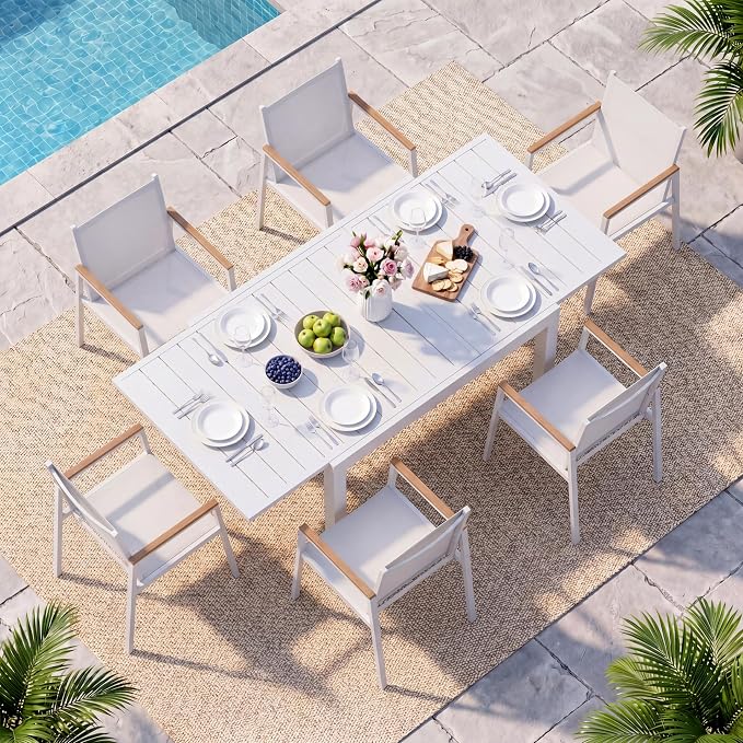 Outdoor Aluminum Patio Dining Table Set for 6 Person, Expandable Outdoor Table and 6 Chairs with Textilene Fabric & HDPS Armrest, All-Weather Patio Furniture Set for Yard, Garden, White