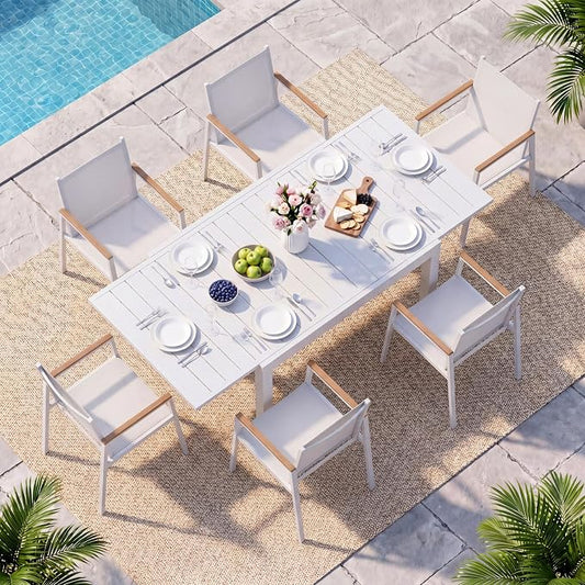 Outdoor Aluminum Patio Dining Table Set for 6 Person, Expandable Outdoor Table and 6 Chairs with Textilene Fabric & HDPS Armrest, All-Weather Patio Furniture Set for Yard, Garden, White