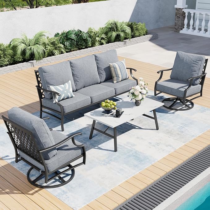 SUNSHINE VALLEY 4 Piece Metal Outdoor Patio Furniture Set, Patio Conversation Sets 1 3-seater Sofa, 2 Swivel Chair with 5.75" Extra Thick Cushion and Coffee Table, Black Frame Backyard Furniture, Gray