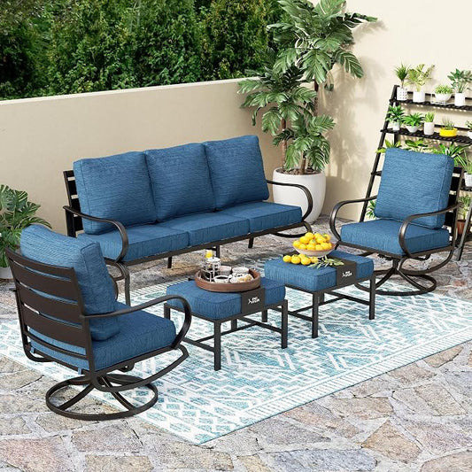 PHI VILLA 5 PCS Patio Furniture Set, Metal Deluxe Patio Set with 1 x 3 Seater Deep Seating Bench, 2 x Swivel Sofa Chairs & 2 x Metal Cushioned Ottoman, Outdoor for Garden, Peacock Blue