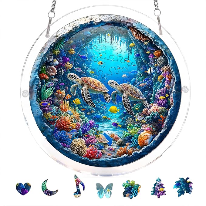 Acrylic Puzzle Suncatcher, Sea Turtle 3D Ocean Pattern Sun Catcher Jigsaw Puzzle Window Hanging, Acrylic Puzzles Kit Home Garden Decor, for Mom, Wife, Sisters, 7.87 inch